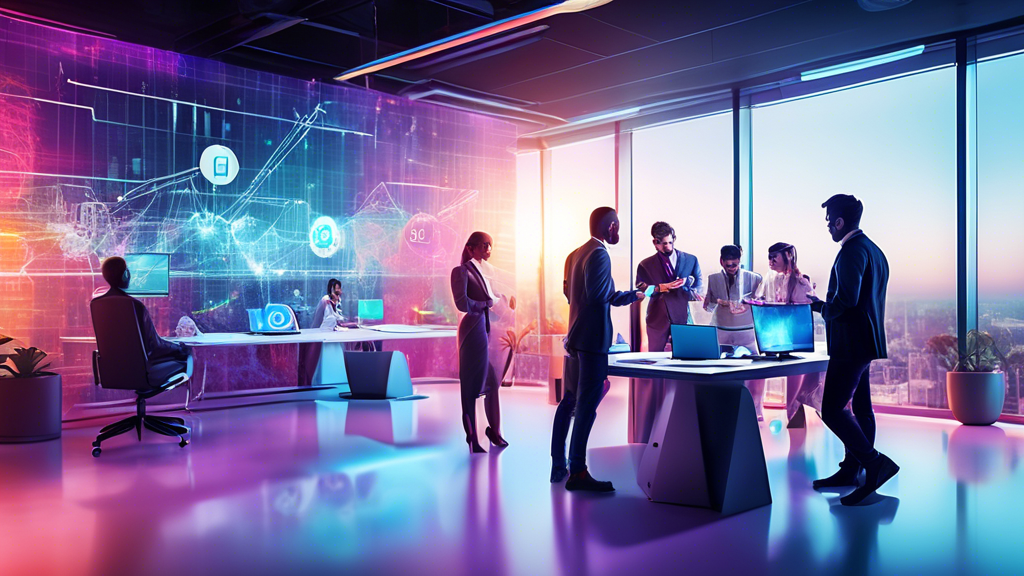Create an image of a modern office environment where diverse professionals are engaging with various cutting-edge digital marketing tools like AI analytics dashboards, social media platforms, SEO anal