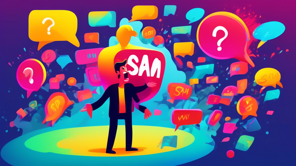 A frustrated person blocked by a giant exclamation mark inside a chat bubble with a spam email, a virus alert, and a banned account notification swirling around them.