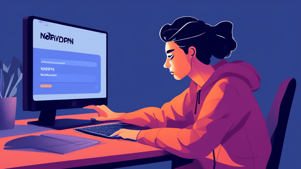 Create a detailed digital illustration of a person sitting at a desk, looking frustrated while trying to log into their NordVPN account. The computer screen should display a 'Password Verification Err