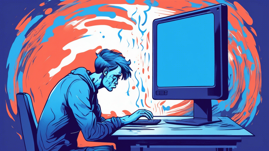 A frustrated person staring at a laptop screen displaying a blue screen of death with Sync Error 0x80004005 in large, white text.