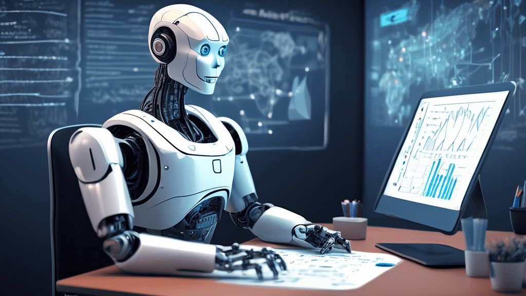 Create an illustration of a friendly, humanoid robot sitting at a desk with a computer, surrounded by digital data streams and graphs. The robot appears to be explaining or teaching, with a whiteboard
