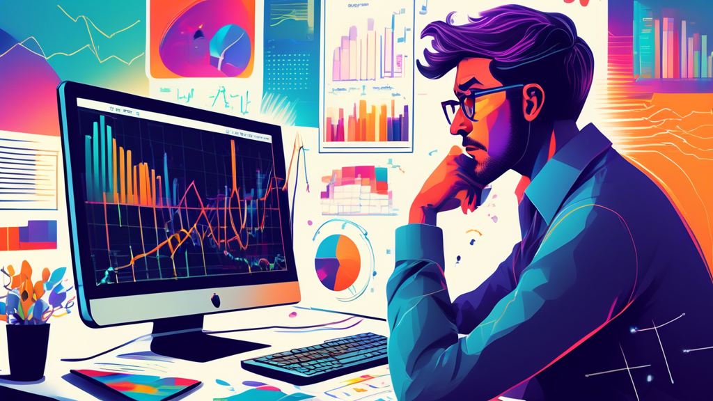 A confused person staring at a computer screen filled with complex graphs and charts labeled FastSpring Charges.