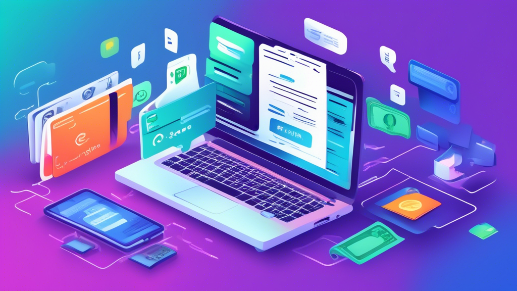 Create an illustration of a laptop displaying an online payment receipt, with dollar signs and question marks floating around it. Surround the laptop with icons representing different digital products