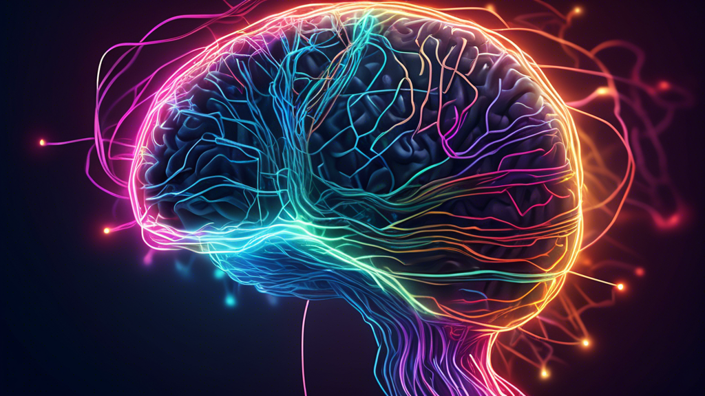 A brain with glowing connections intertwined with a hand drawing glowing lines of code.
