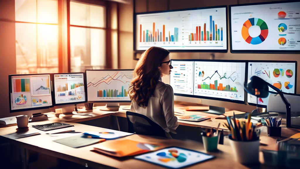 Create an image of a modern office setting where an enthusiastic young professional, seated at a sleek desk with a computer, is intently analyzing colorful charts and graphs on multiple monitors label