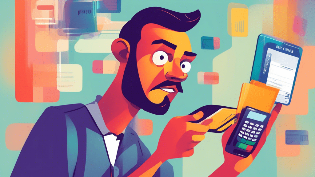 A confused person looking at a paddle with a credit card reader attached to it, showing a bill with confusing charges.