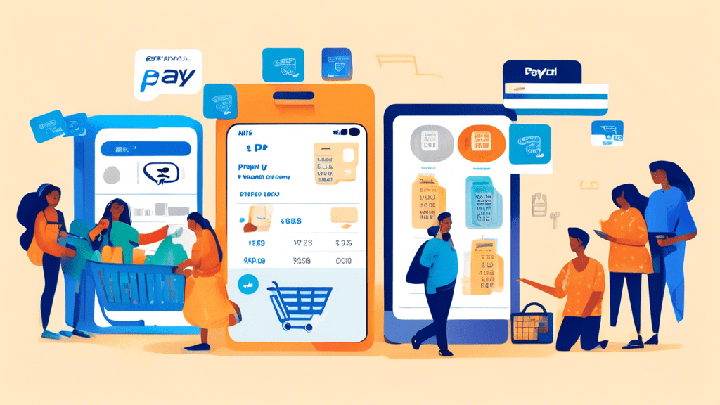 A detailed and informative digital illustration showing how PayPal Pay Later works: A smartphone screen prominently displaying the PayPal app interface, highlighting the Pay Later option. Surrounding