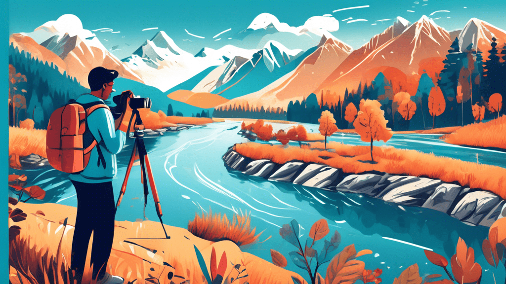 A detailed illustration of a person holding a digital camera, capturing a scenic moment in nature. The background shows a vibrant panorama of mountains, forests, and a river under a clear blue sky. Ov