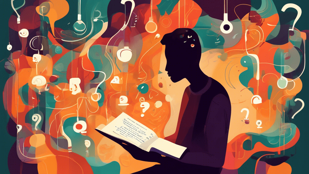 Create an image illustrating a thoughtful person deeply engrossed in a book titled Text No. Surround the person with abstract visual elements like floating question marks, lightbulbs, and text snippet