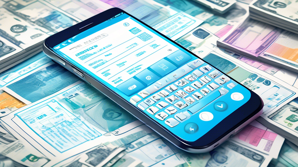 Create an image of a modern smartphone, displaying a detailed messaging app interface with numerous text messages. The phone is surrounded by dollar bills and price tags, suggesting the concept of cos