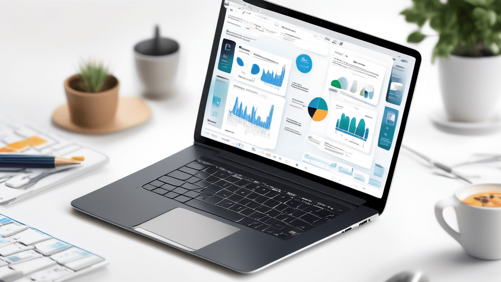 Create an image showing a digital workspace with a laptop displaying a software interface. The interface is customizable, with different branding options being applied to the same software, illustrati