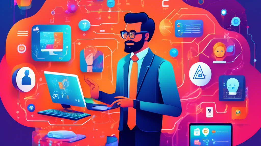 A detailed illustration of a business professional engaging with a supportive AI assistant representing Zapier, surrounded by colorful icons of various software applications being seamlessly connected