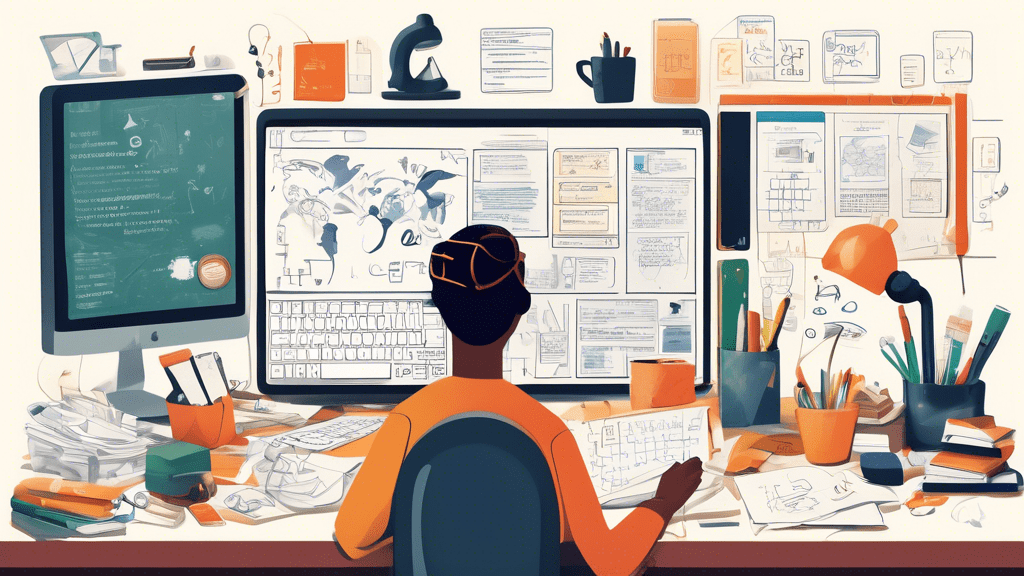 Create an image featuring a meticulously organized workspace with various items labeled 'LC'. Include a close-up of a computer screen displaying a detailed definition of 'LC', a notepad with brainstor