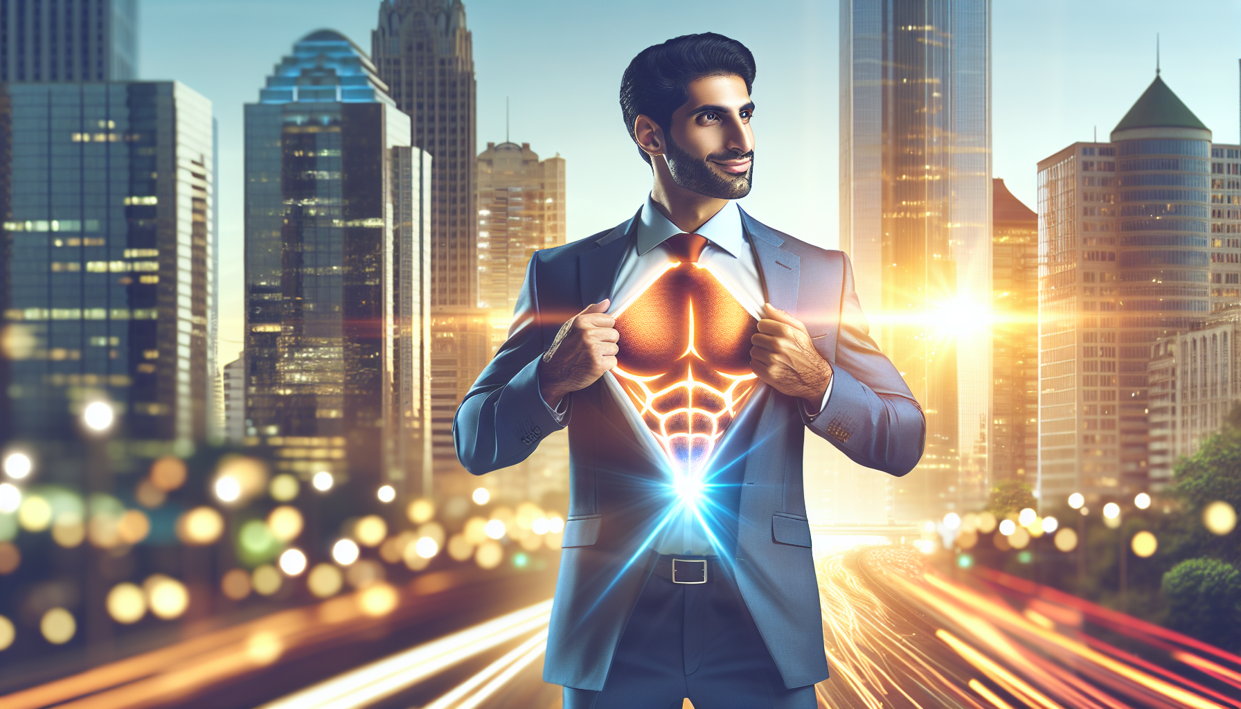 A businessman with a glowing silhouette of Superman beneath his suit, confidently striding towards a cityscape at sunset.