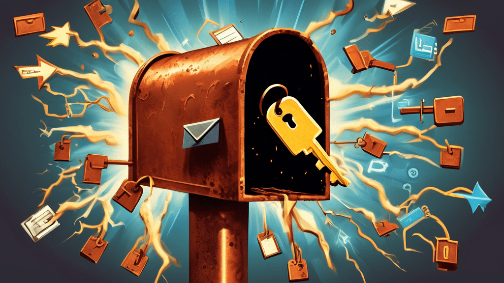 A rusted metal key shaped like a lightning bolt unlocking an antique mailbox overflowing with code and email icons.