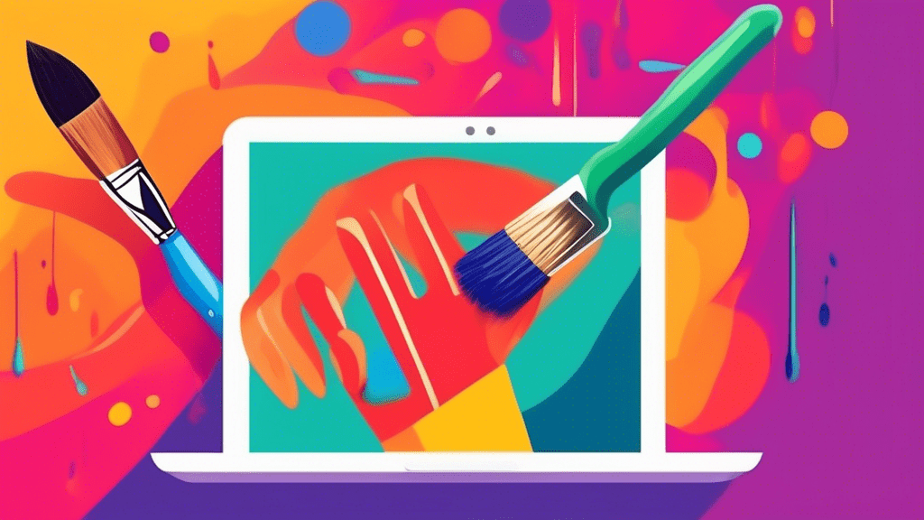 A hand coming out of a computer screen holding a paintbrush updating a Google profile picture with a playful, colorful background