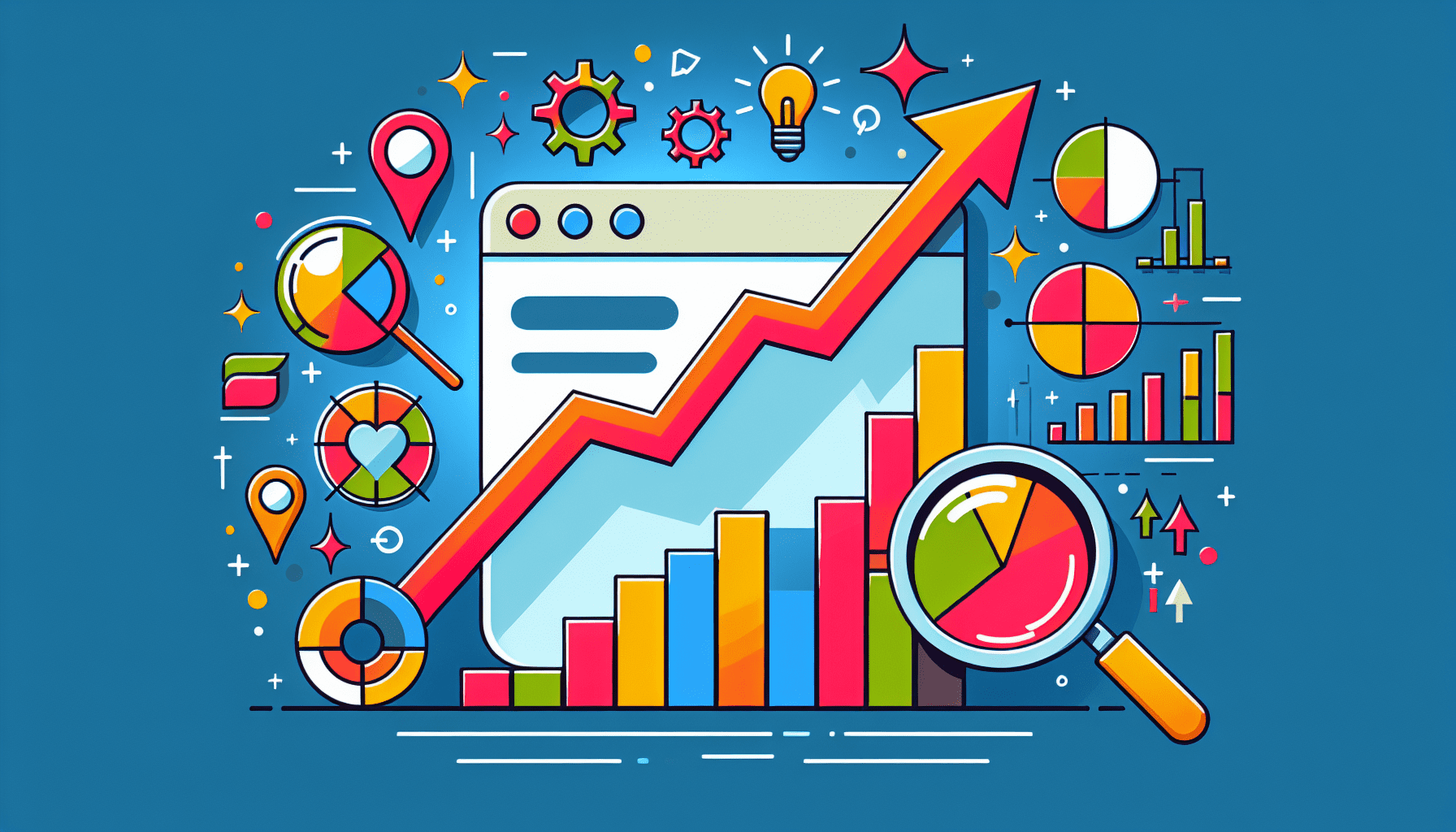 A website transforming into a rising graph with data analytics symbols like magnifying glasses and charts surrounding it.