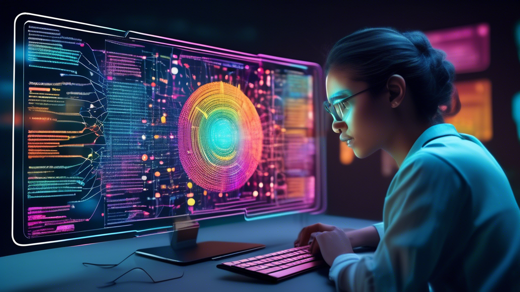 Create an image of a futuristic computer screen displaying a language learning model analyzing diverse text messages. The screen should visualize sentiment detection through color-coded graphs and emo