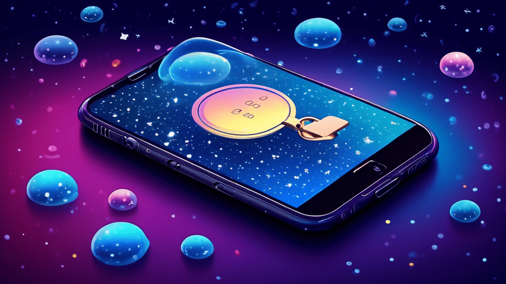 A smartphone with a giant verification bubble coming out of the screen with a combination lock on it. The background is a starry night sky.