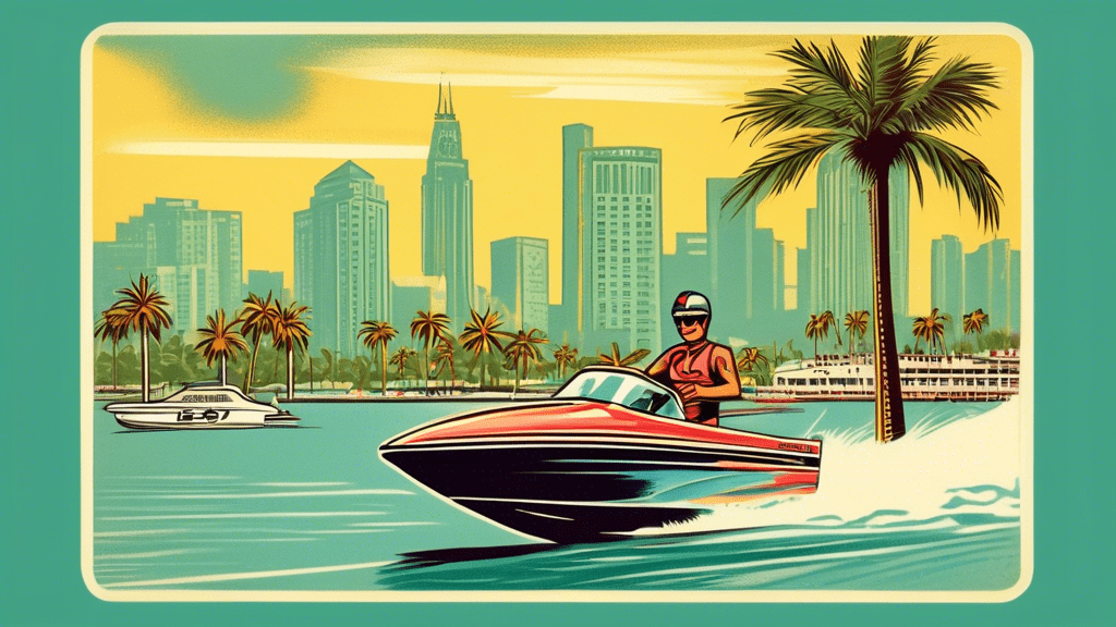 A vintage postcard overlooking a sunny waterfront cityscape with palm trees and a speedboat pulling a water skier, text overlay reads Greetings from Area Code 727.