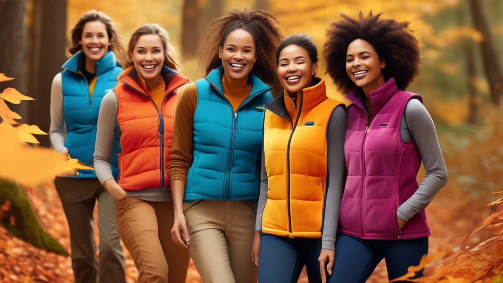 Create an image of a stylish outdoor scene featuring a group of women wearing Columbia fleece vests in various vibrant colors. They are enjoying a scenic autumn hike with golden leaves falling around