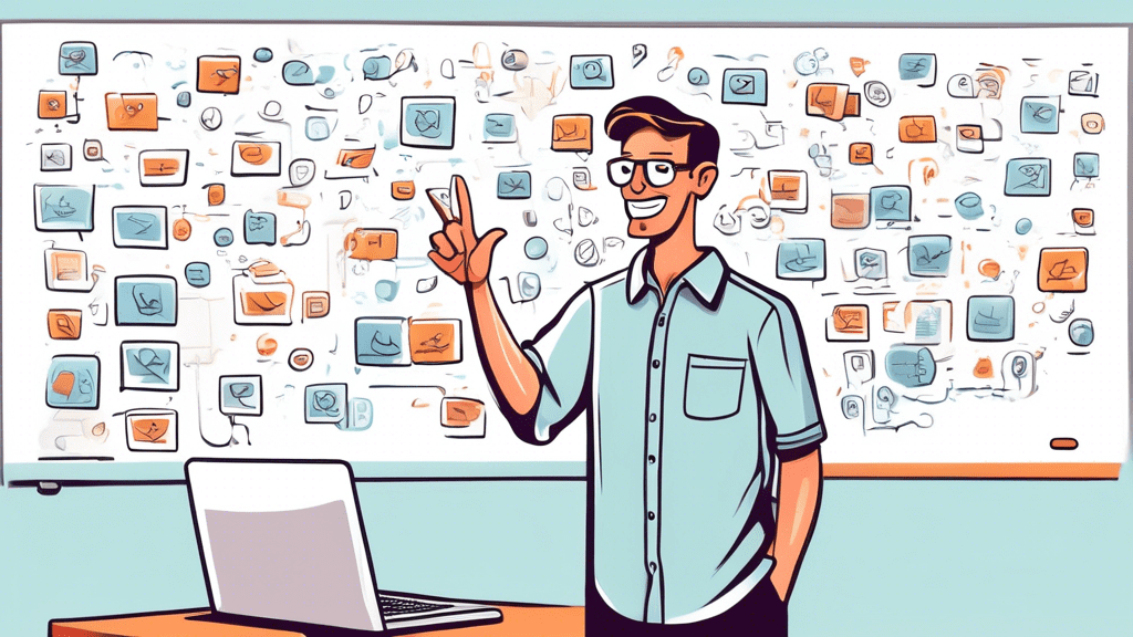 A friendly cartoon guide wearing a SiteGround shirt explaining email concepts on a whiteboard to confused computers with email icons hovering above them.