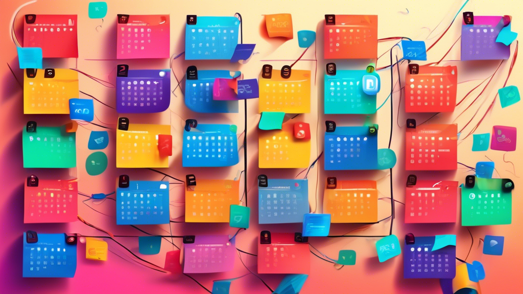 A chaotic and colorful calendar interface with Zoom logos popping out of meeting slots, tangled wires connecting different app icons like Google Calendar and Outlook.