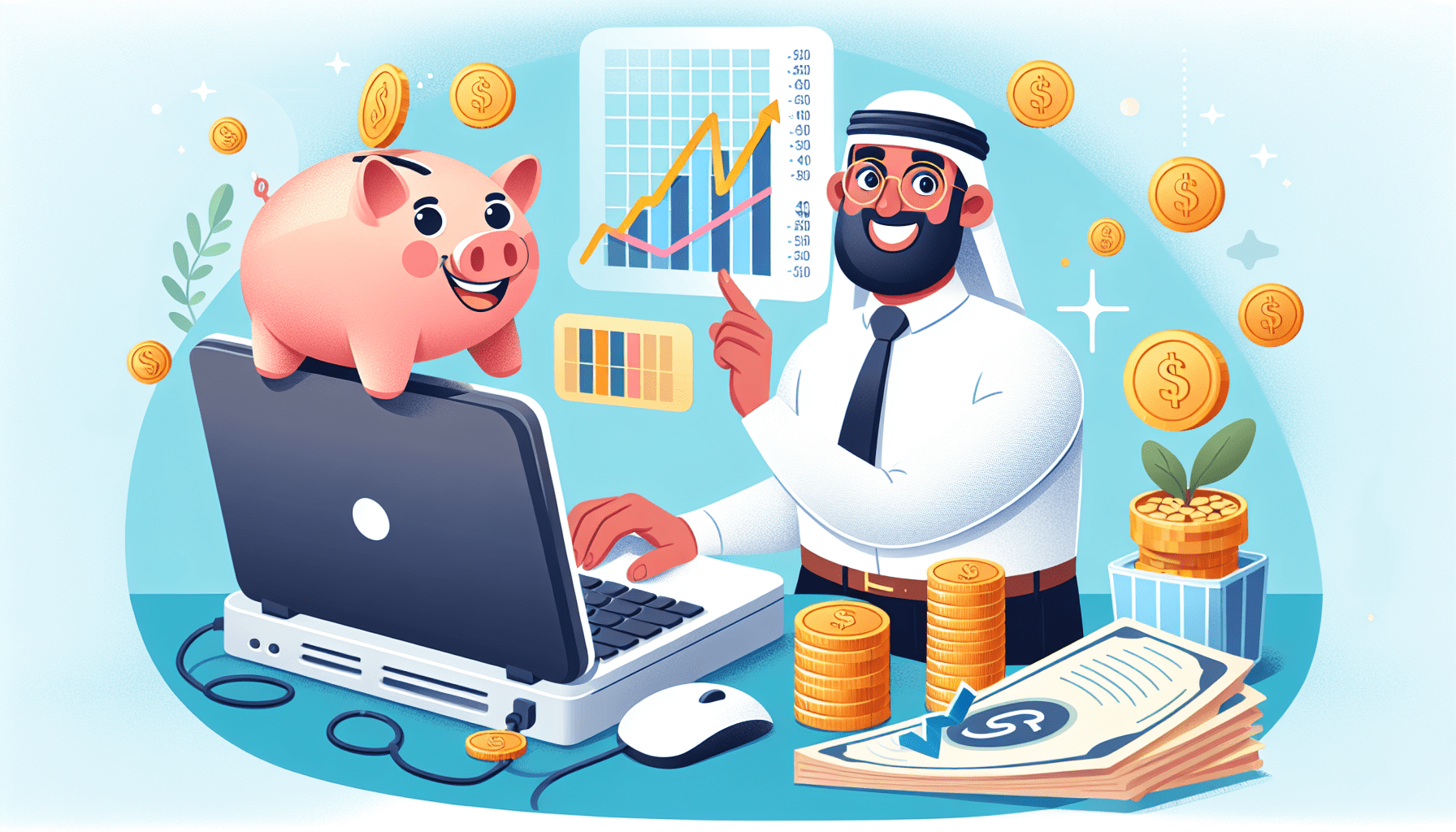 A small shop owner smiling brightly while looking at an increasing sales chart on a laptop, with a piggy bank overflowing with coins next to the laptop.