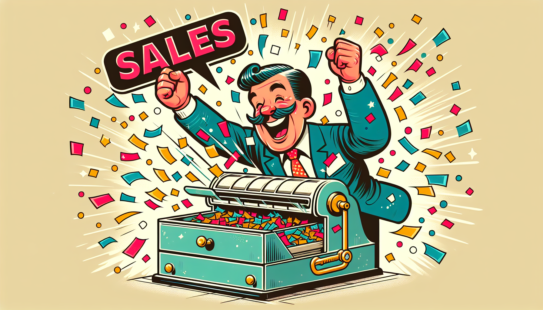 A vintage cartoon salesman celebrating with confetti exploding as he slams a cash register drawer shut, labeled SALES.