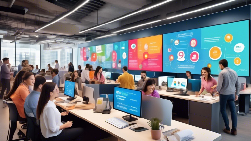 A bustling, contemporary business office brimming with vibrant activity. Diverse, happy customers interact with enthusiastic customer service representativ