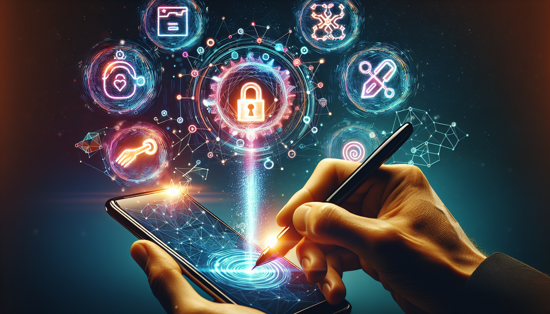 A futuristic digital signature glowing on a hand holding a smartphone, with five holographic icons floating around it representing security, automation, efficiency, customization, and integration.