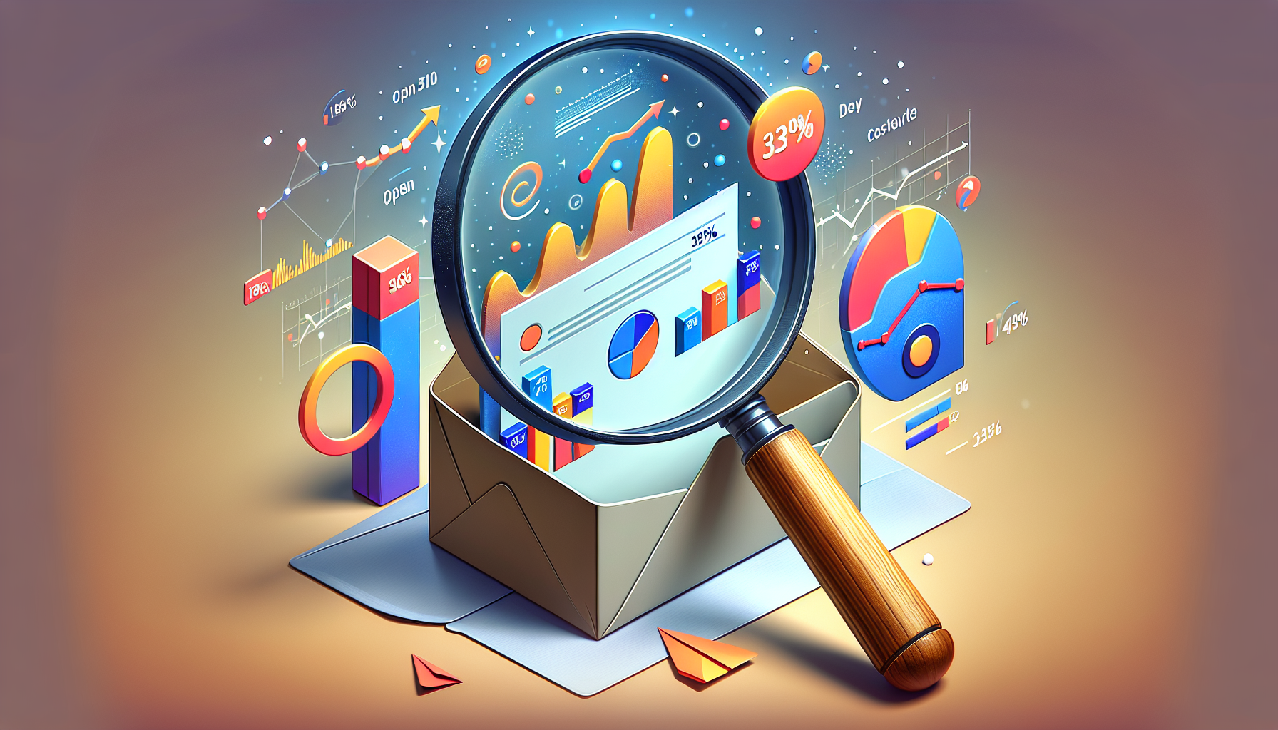 A magnifying glass hovering over an email inbox with detailed graphs and charts emerging from the open email, showcasing metrics like open rates, click-through rates, and conversion funnels.