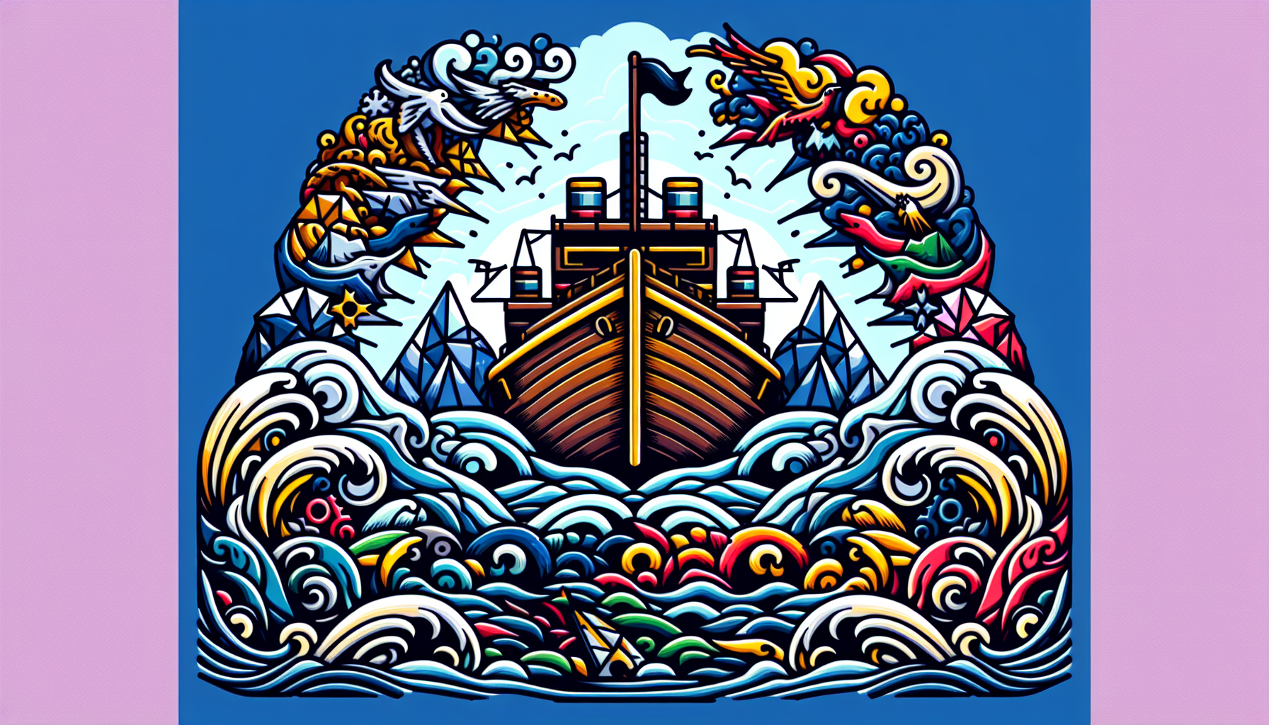 A sinking ship with a small business flag, surrounded by 5 icebergs with common startup mistakes written on each, cartoon style.