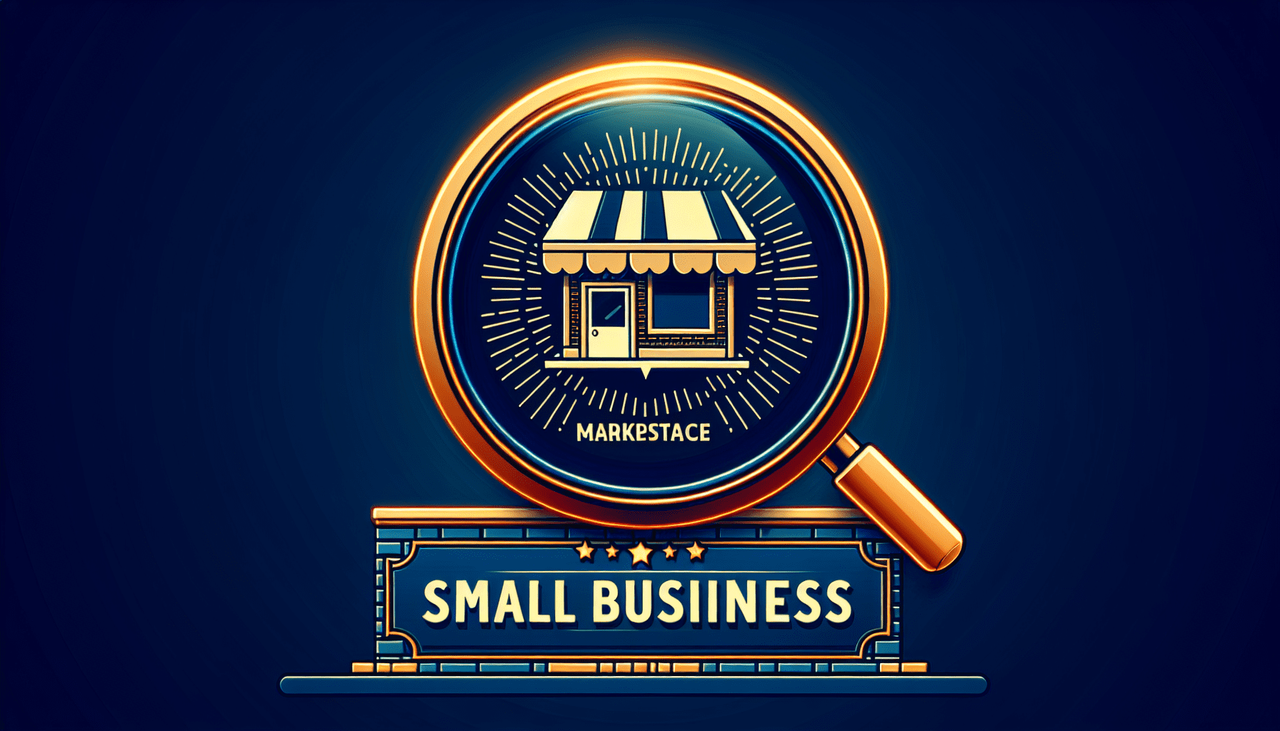 A small business storefront with a glowing Amazon logo storefront sign and a magnifying glass hovering over it.
