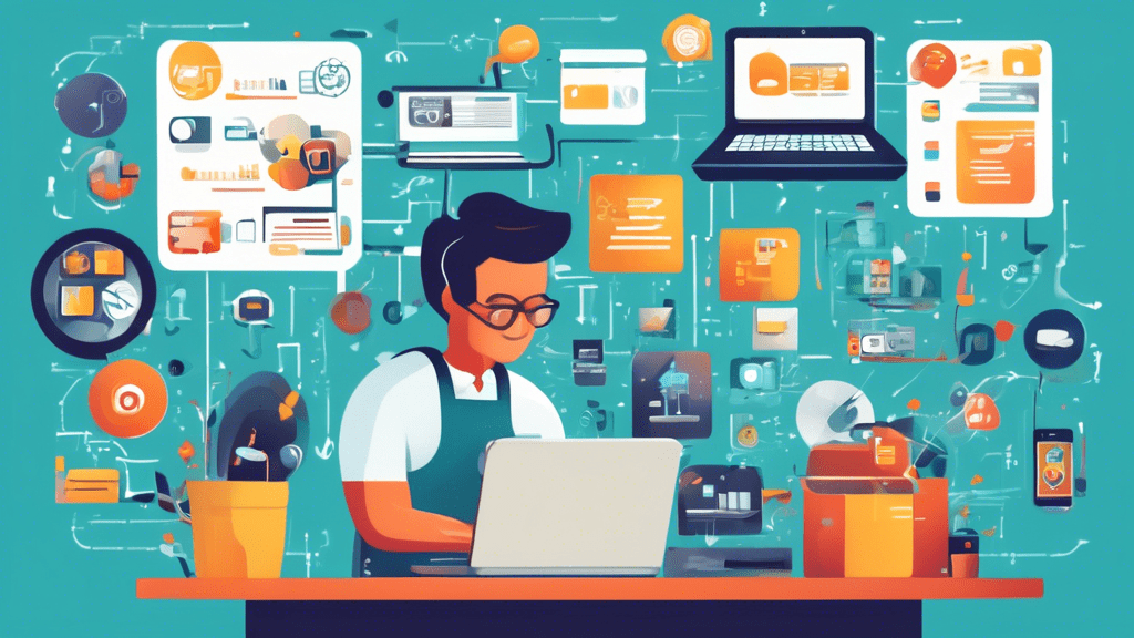 Create an image depicting a small business owner looking at various digital tools on a laptop and a smartphone, with icons representing different types of