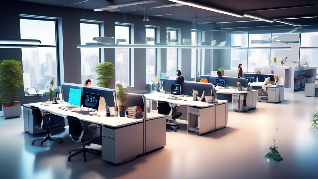 A sleek, modern office setting with a diverse team of professionals working harmoniously. Robotic arms assist in simple tasks like filing and data entry, w