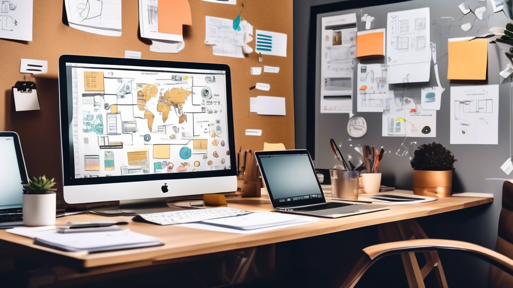 Create an image of a modern workspace featuring an organized desk with a high-tech laptop, an open notebook with diagrams and flowcharts, a stylish coffee