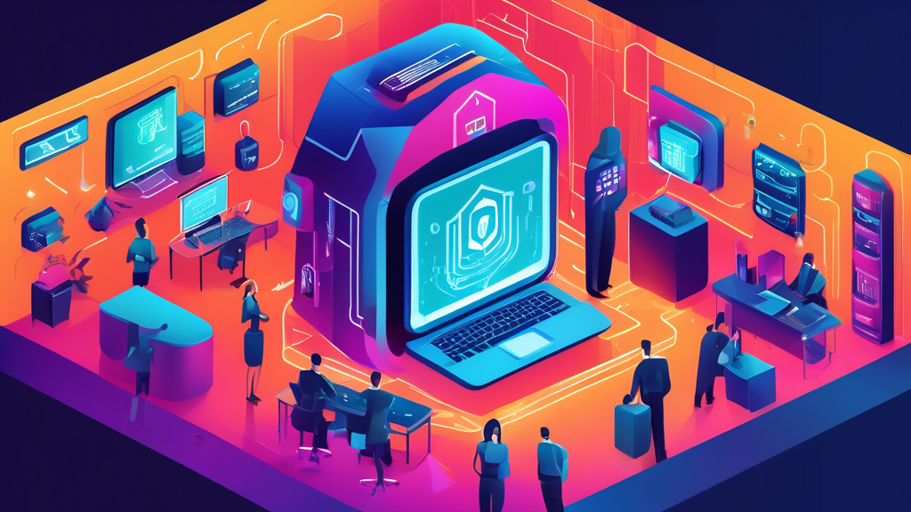 An illustrated digital fortress with a modern small business inside, surrounded by high-tech security features like firewalls, antivirus shields, and data