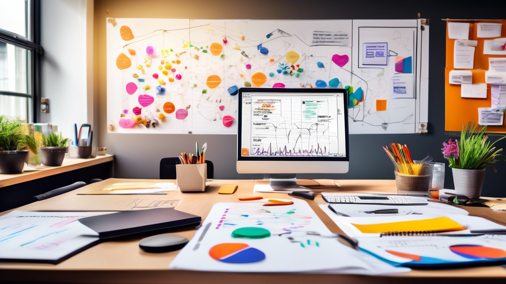 A busy modern workspace with a professional brainstorming content ideas, surrounded by notes and charts, highlighting the path to identifying a unique nich