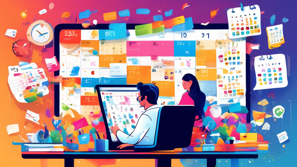 Create an image showing a marketer at a desk analyzing a detailed calendar full of colorful event stickers and notes. Include a phone with SMS messages fly