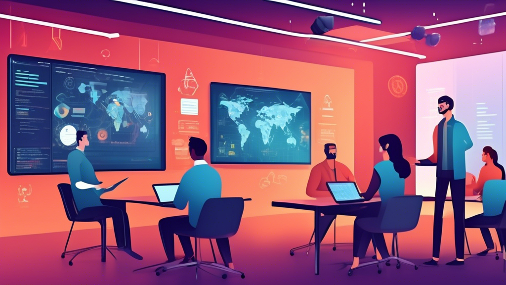 A detailed illustration of a modern classroom setting where small business owners are attending a cybersecurity bootcamp. The participants are attentively