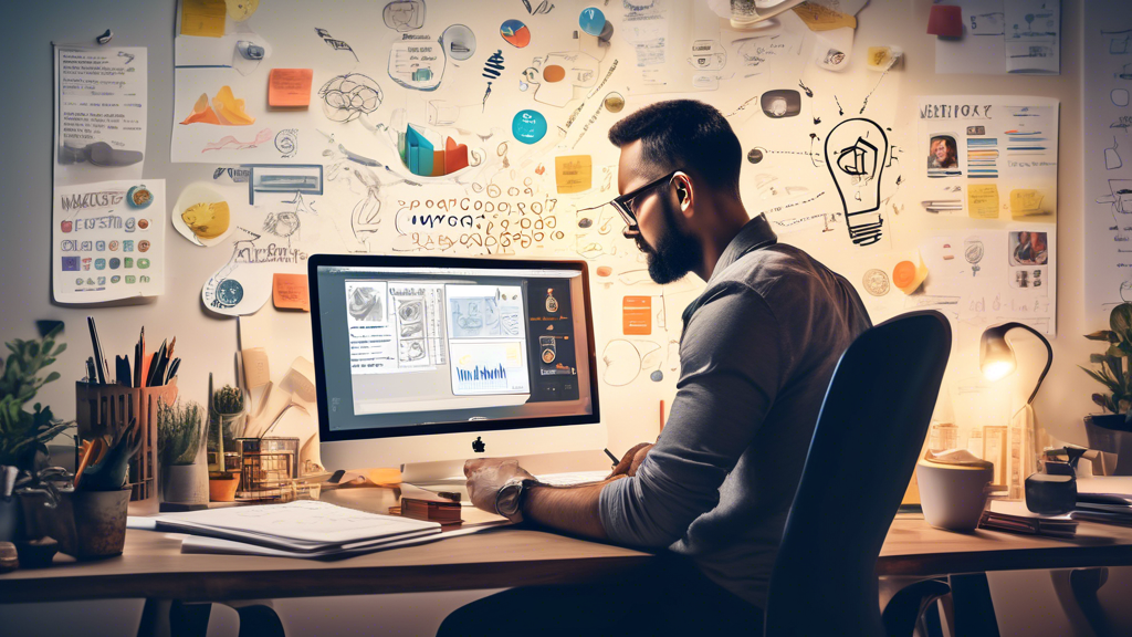 A professional workspace with a content creator at a desk surrounded by brainstorming notes, graphs, and a laptop displaying a website dashboard. The perso