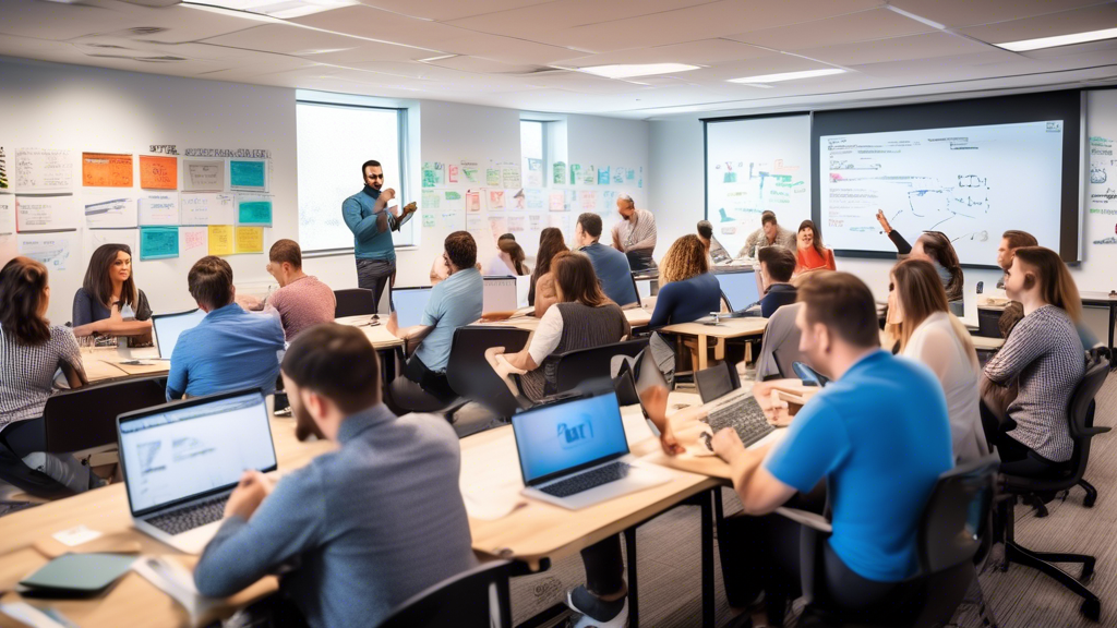 Create an image of a bustling classroom filled with small business owners working on laptops and notebooks, with an instructor pointing at a whiteboard dis