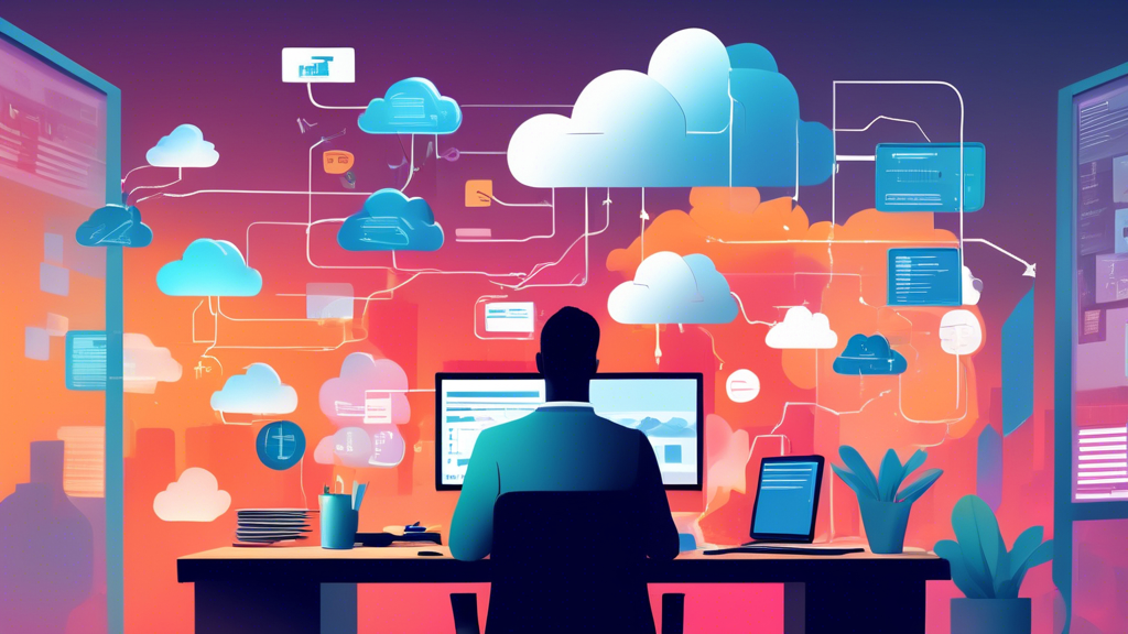 A small business owner sitting at a desk, looking thoughtful while examining a cloud icon on a computer screen, with a contrasting image of a traditional s