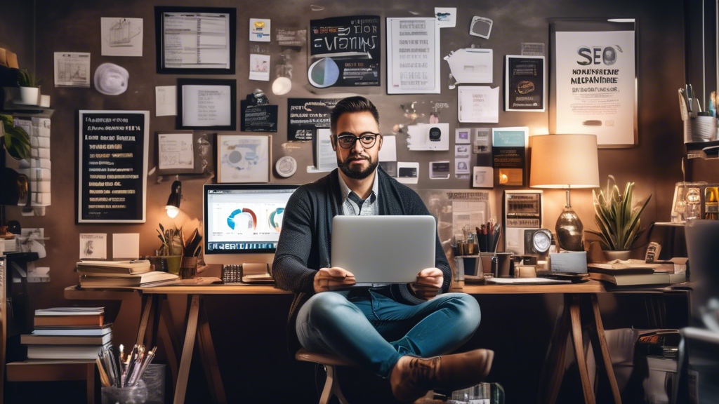 An image of a small business owner sitting at a desk, surrounded by various digital marketing tools like a laptop, a smartphone, SEO-related books, and cha