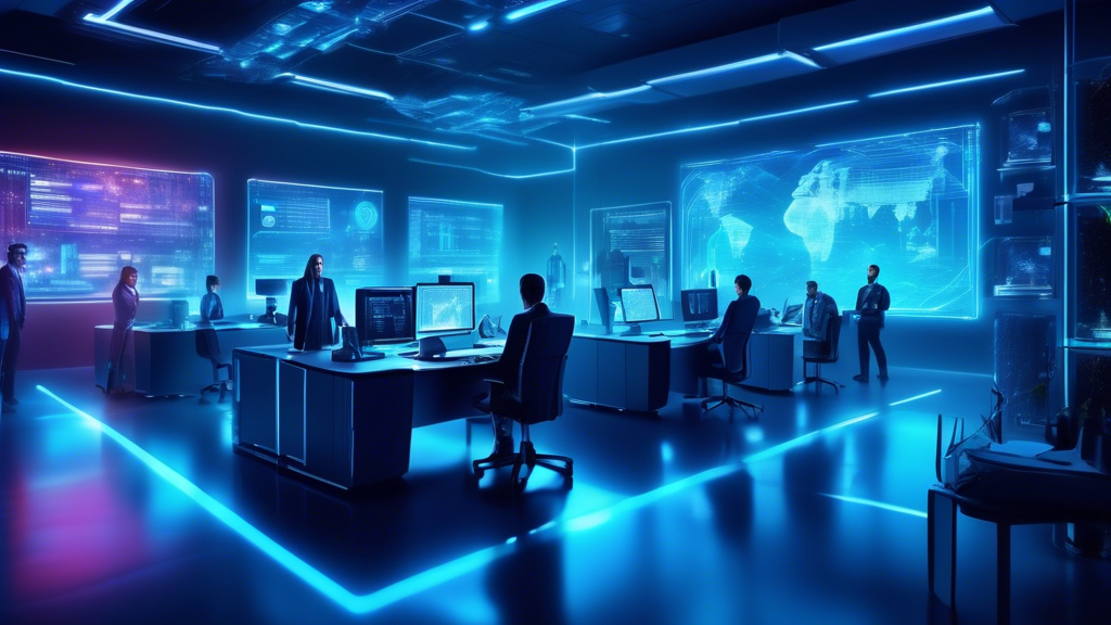 A futuristic office environment with advanced cybersecurity measures in place, featuring a large digital vault, computer screens displaying encryption code