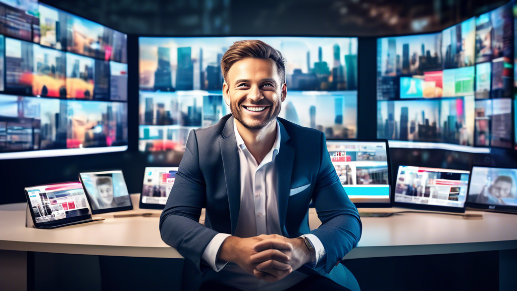 Create an image of a business owner sitting at a sleek, modern desk surrounded by multiple digital screens displaying various types of online advertisement