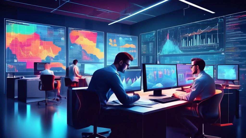 A modern office setting with professionals working at computers and large digital screens displaying complex data visualizations, charts, and graphs; a bus