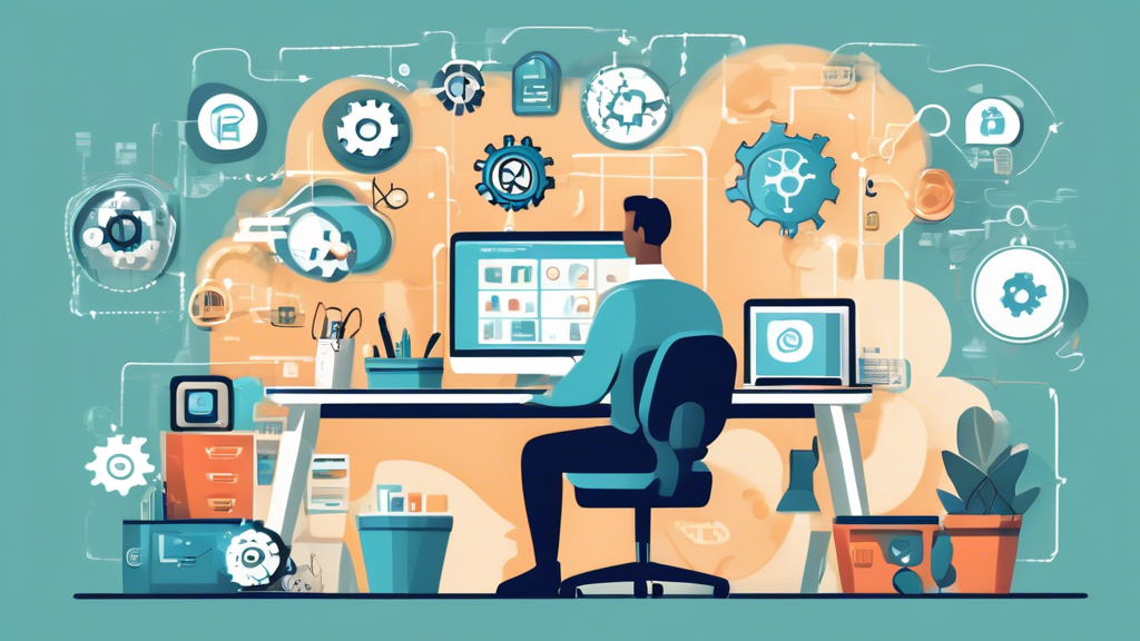 Create an image featuring a small business owner in a cozy, well-organized office space, surrounded by various tech tools and devices like a computer, tabl