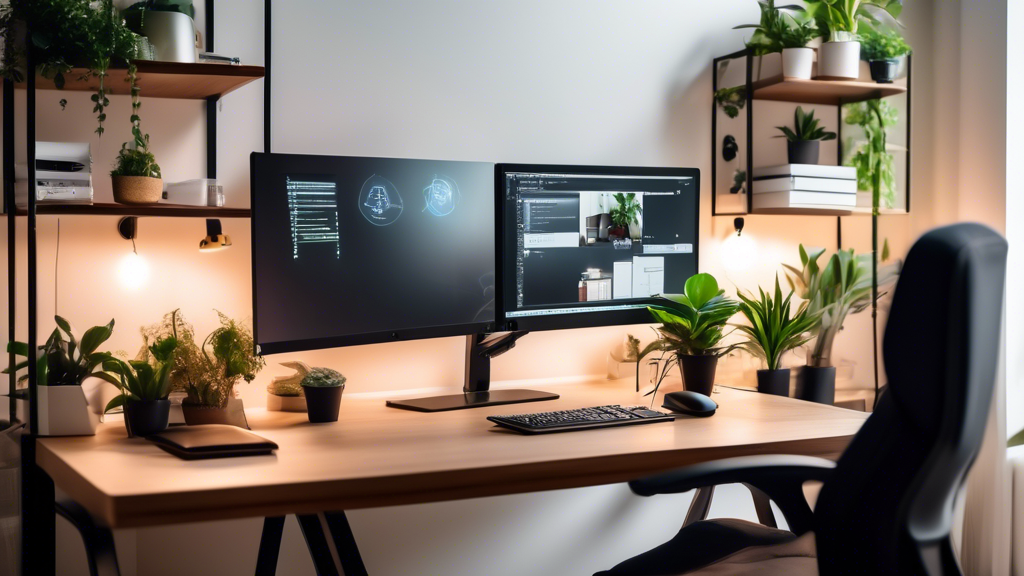 A modern home office setup with a sleek desk, dual monitors, a comfortable ergonomic chair, and high-tech accessories. In the background, a cozy living roo